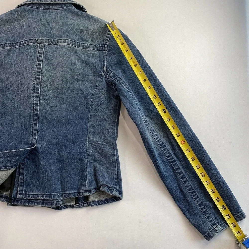 Vtg Denim Jacket Blazer Double Breasted Button Small Medium - Picture 4 of 9